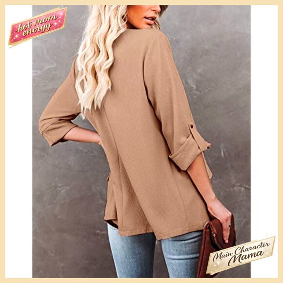 Casual Blazer Jacket Roll Up Sleeves Open Front Work Office Business Chic - Picture 4 of 7